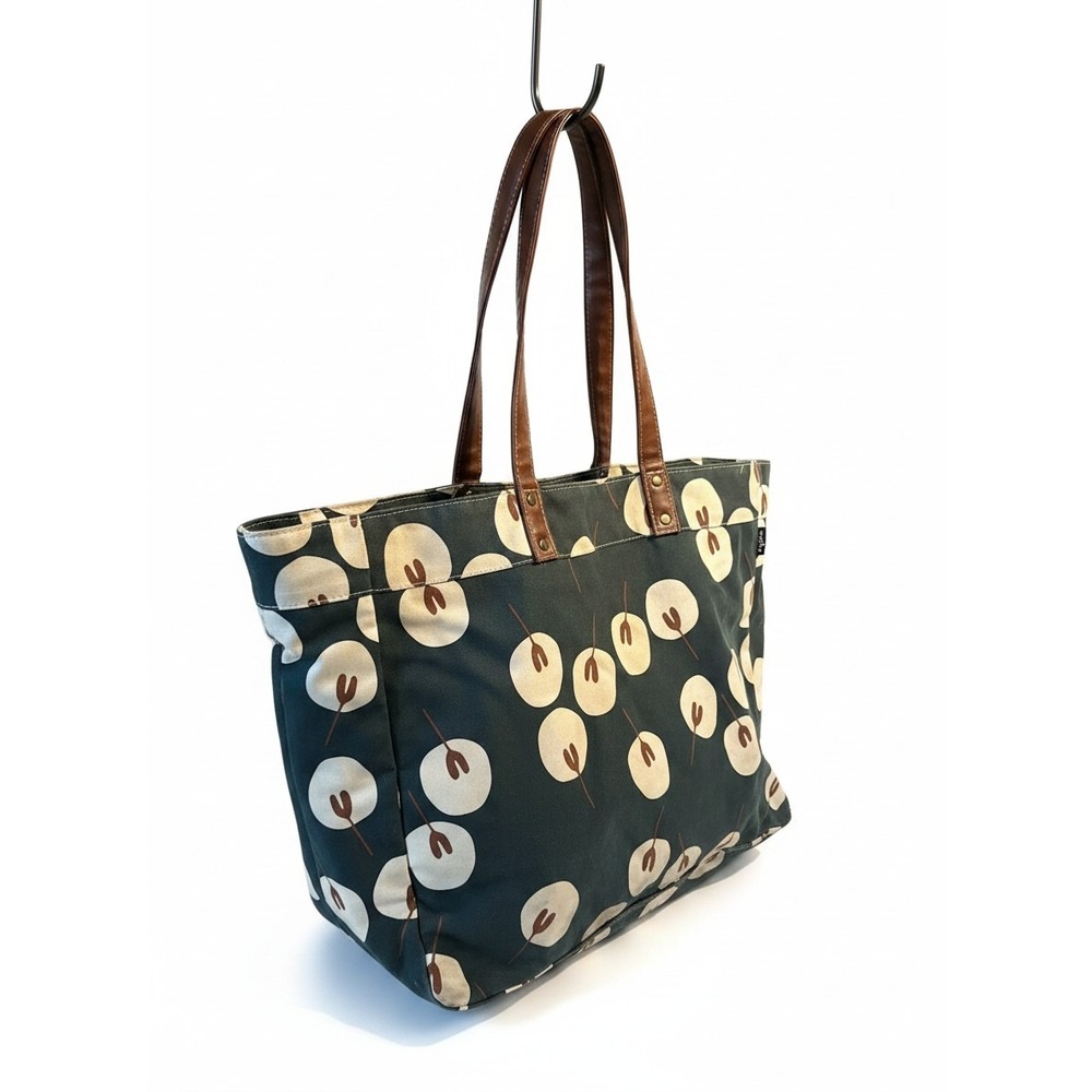 Maika Canvas Tote Bag Large Teal Blue Botanical Print Vegan Leather Boho Eco